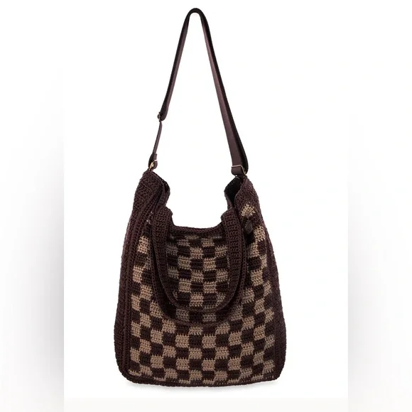The SakCrochet Chocolate Brown Checker “Lanie” Market Tote 🤎 ♻️